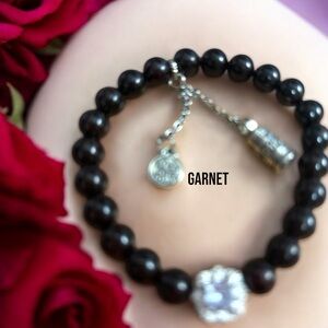 0211B Garnet Midnight Red Beaded Bracelet with Silver Charm
